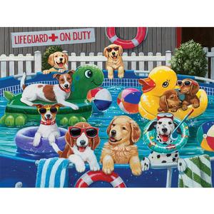Bits and Pieces  1000 Piece Jigsaw Puzzle for Adults  Puppy Pool Party - Summer Swimming Dog Jigsaw Puzzle by Artist William Vanderdasson, Completed Puzzle Size: 20" x 27"