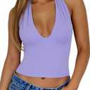 EMMIOL Women Halter Going Out Tops Sexy Deep V Neck Blackless Sleeveless Open Back Crop Tank Top Y2K Coquette Clothes Purple S