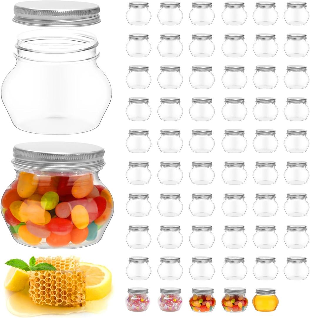 60 Pcs 4 oz Clear Plastic Jars with Lids Mini Storage Containers Wide Mouth Mason Jars Bulk for Jam Herb Jelly Candy Wedding Favors Shower Party Favors (Silver)