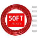1/8"(3.3mm) Stainless Steel Wire Rope, PVC Coated Cable Kit, 50FT Heavy Duty Outdoor Cable for Deck Railing, String Lights, Clothesline & Garden Use (Red, 50ft)