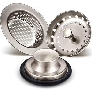 Mudder 3 Pcs Kitchen Sink Drain Strainer and Stopper Stainless Steel Garbage Disposal Plug with Handle Universal Anti-Clogging Kitchen Sink Filter Sieve Basket Strainer(Brushed Silver)