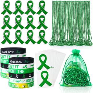66 Pcs Mental Health Awareness Gifts Bulk Green Ribbon Awareness Bracelet Wristbands Bead Necklaces Stickers Organza Bags Set for Mental Health Month Favors Charity Event Party Supplies