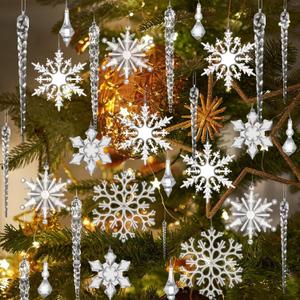 CCINEE 85PCS Clear Acrylic Christmas Snowflake Icicles Hanging Drop Ornaments with 32.8 Yards Silver Cords Xmas Snowflake Icicle Decorations Set for Christmas Tree Decorations New Year Party Favors