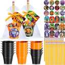 Pasimy 24 Sets Halloween Candy Holder Gifts Fillable Mini Metal Buckets Pumpkin Candy Containers with Pencils Stickers for Trick or Treat Goodies Bags Fillers Halloween Party Favors Supplies