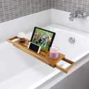 Free-Standing Adjustable Bath-Tub Tray/Bath Caddy for Bathroom, Wooden Bath-Tub Organiser Shelf/Table with Mobile, Glass and Caddle Holder
