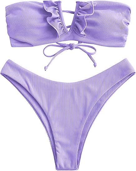ZAFUL Women's Strapless Ribbed V Wired Lace Up Ruffle Tie High Cut Bandeau Swimsuits Bikini Set (Large, 0-white)