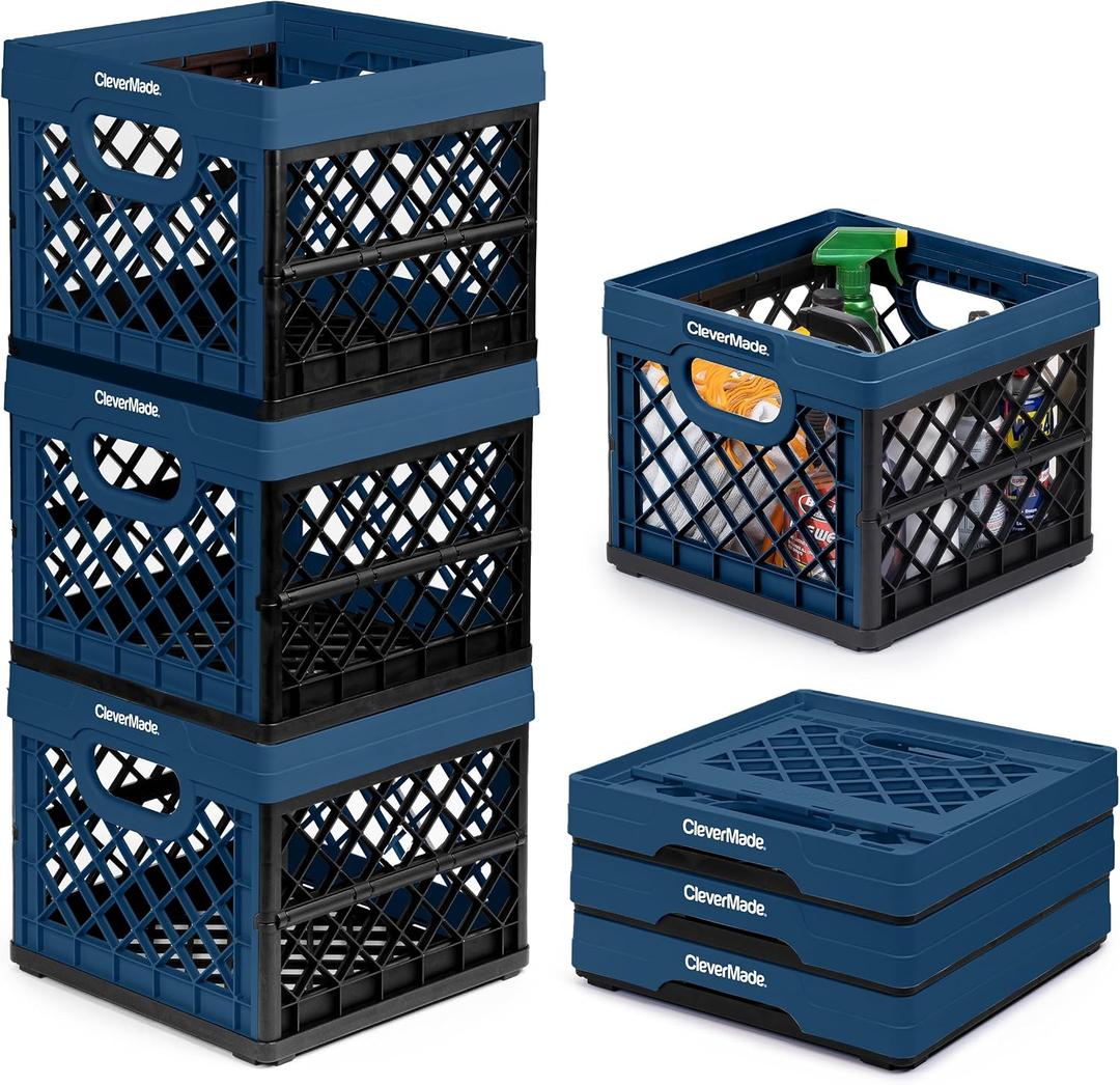 CleverMade Collapsible Milk Crate 25L (6.6 Gal) 3 Pack, 50 lb Capacity Heavy Duty Folding Crate Stackable Storage Crates with File Rails, Plastic Collapsible Crates - Ocean