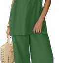 Yanekop Linen Sets for Women 2 Piece Pants Summer Outfits Matching Lounge Sets Spaghetti Strap Tank Top Pants Sets (X-Small, Grass Green)