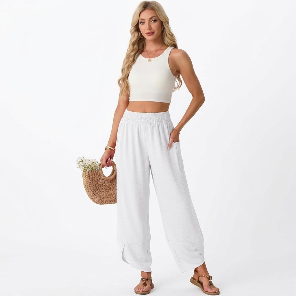 Lepunuo Womens Wide Leg Pants Palazzo High Waisted Smocked Trousers Summer Beach Casual Travel Pants 2026 with Pockets (White, XL)