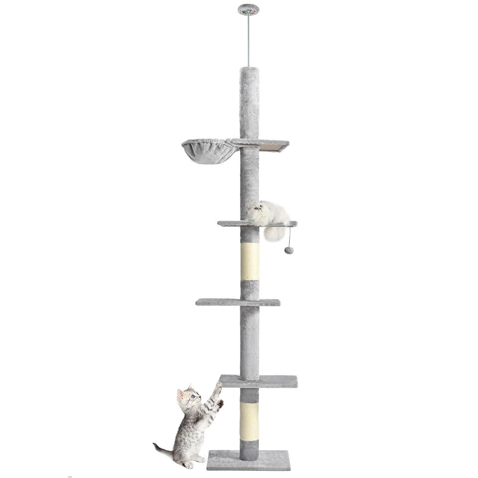 Cat Craft Slim 5-Tier Floor-to-Ceiling Cat Tower Small Cats Adjustable 98-110" Space-Saving, Hammock, Sisal Scratching Posts, Grey