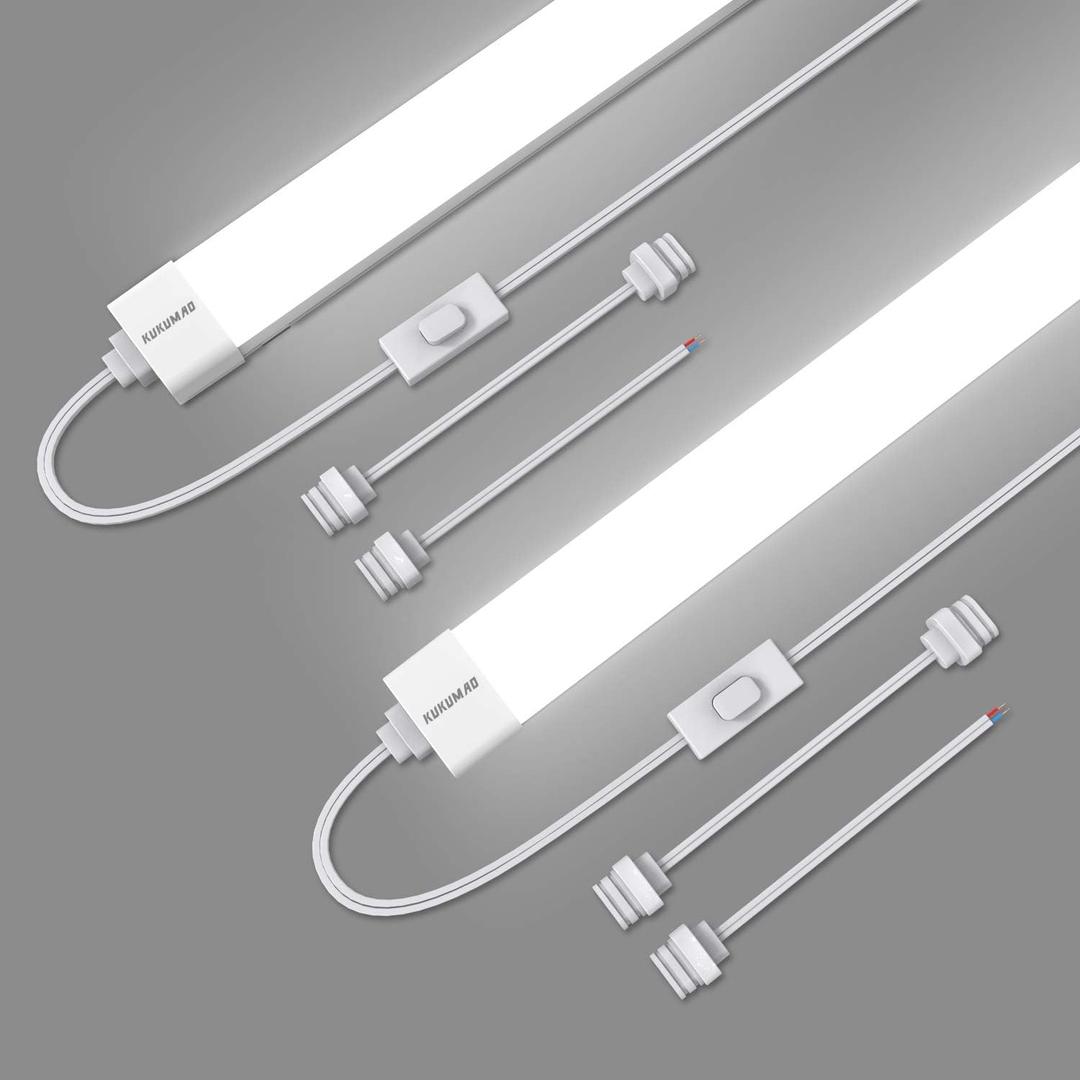5000K LED Ceiling Light Fixture, 2FT with Plug Linkable, 2PCS Waterproof LED Tube Light Under Cabinet Lighting,Closet Light 18W for Garage Kitchen Bathroom Workbench and Office (White)