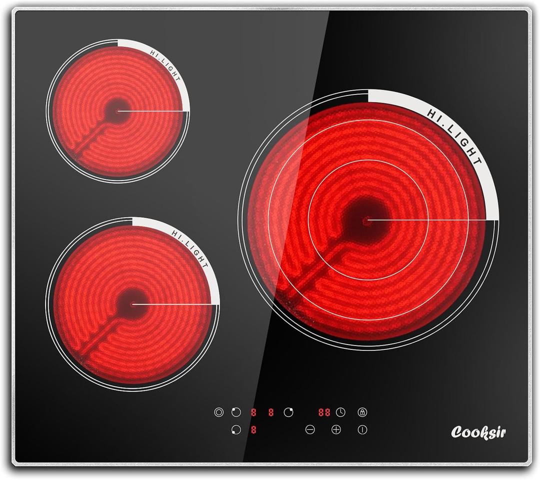 24 Inch Electric Cooktop, 3 Burner Built-in Ceramic Stove Top 220V-240V, 5700W Radiant Electric Cook Top with Touch Control, Timer, Safety Lock, 220V Hard Wired (No Plug)