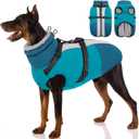 Large Dog Coat with Harness Built in, Warm Dog Jacket Waterproof Pet Winter Coat Snowsuit for Cold Weather, Reflective Fleece Jacket for Large Dogs, Border Collie, Turquoise, XL