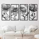 4 Pcs Wall Decor Metal Floral Minimalist Line Art Wall Living Room Bedroom Flower Aesthetic Modern Sculpture Poppy Theme Hanging Home Kitchen Bathroom Decorations (Black, Elegant)