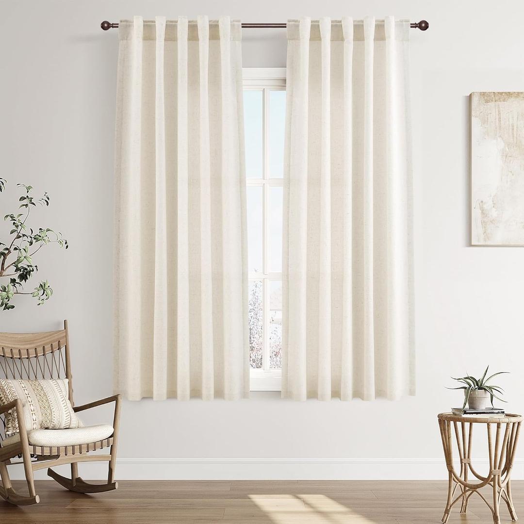 Joywell Natural Back Tab Linen Curtains 63 Inches Long 2 Panels for Living Room Bedroom Neutral Boho Farmhouse Rustic Light Filtering Semi Sheer Curtains Window Treatment 40x63