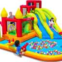 MIRUNAIR Inflatable Bounce House with Slides, Inflatable Water Slide for Kids Backyard, Bounce Water Prak with Air Blower, Splash Pool, Water Cannon, Climbing Wall, Outdoor Backyard Water Park