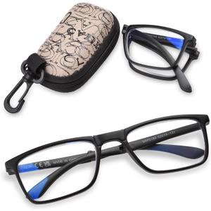 OPTOFENDY Folding Reading Glasses for Women Men, Small Spring Hinge Readers, Portable Blue Light Glasses with Zipper Case (Black)