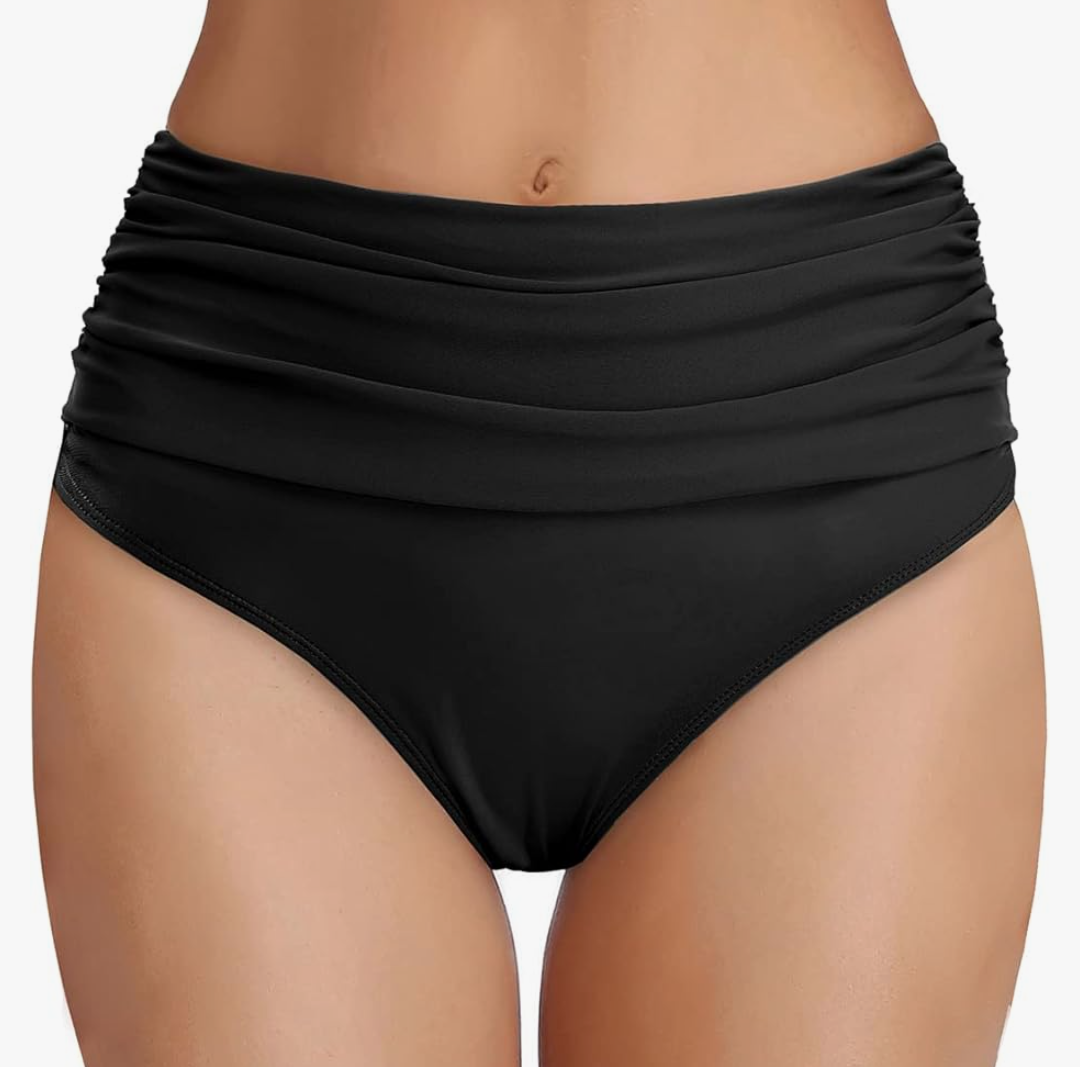 Tempt Me Women's High Waisted Bikini Bottom Tummy Control Ruched Bathing Suit Swim Bottom, M, Black