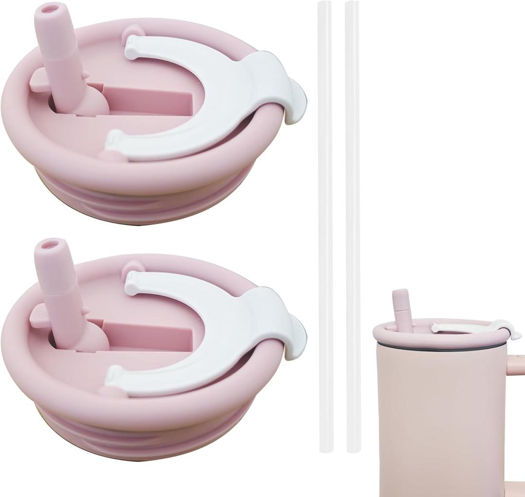 40 oz Tumbler Flip Straw Lid Replacement Fit for Stanley Cup,2 Pack Spill Proof Splash Resistant Tumbler Lids,2-in-1 Straw and Sip Lid,Reusable Tumbler Cover for Stanley Cup (Light Pink, 2 Pack)
