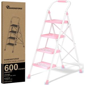 Step Ladder Foldable Folding Stool - for Home Adults Kitchen 4 Stepping Extension Tall Heavy Duty with Handrails - Closet Stepstool Stair Ladders Extendable Stepladder for Indoor House 600Lbs (White Pink)