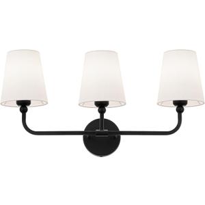 Bathroom Light Fixtures, Matte Black Vanity Lights with Flared White Fabric Shade, 3 Light Wall Sconce, Modern Sconces Wall Lighting for Hallway Bedroom, VL837-MB-3