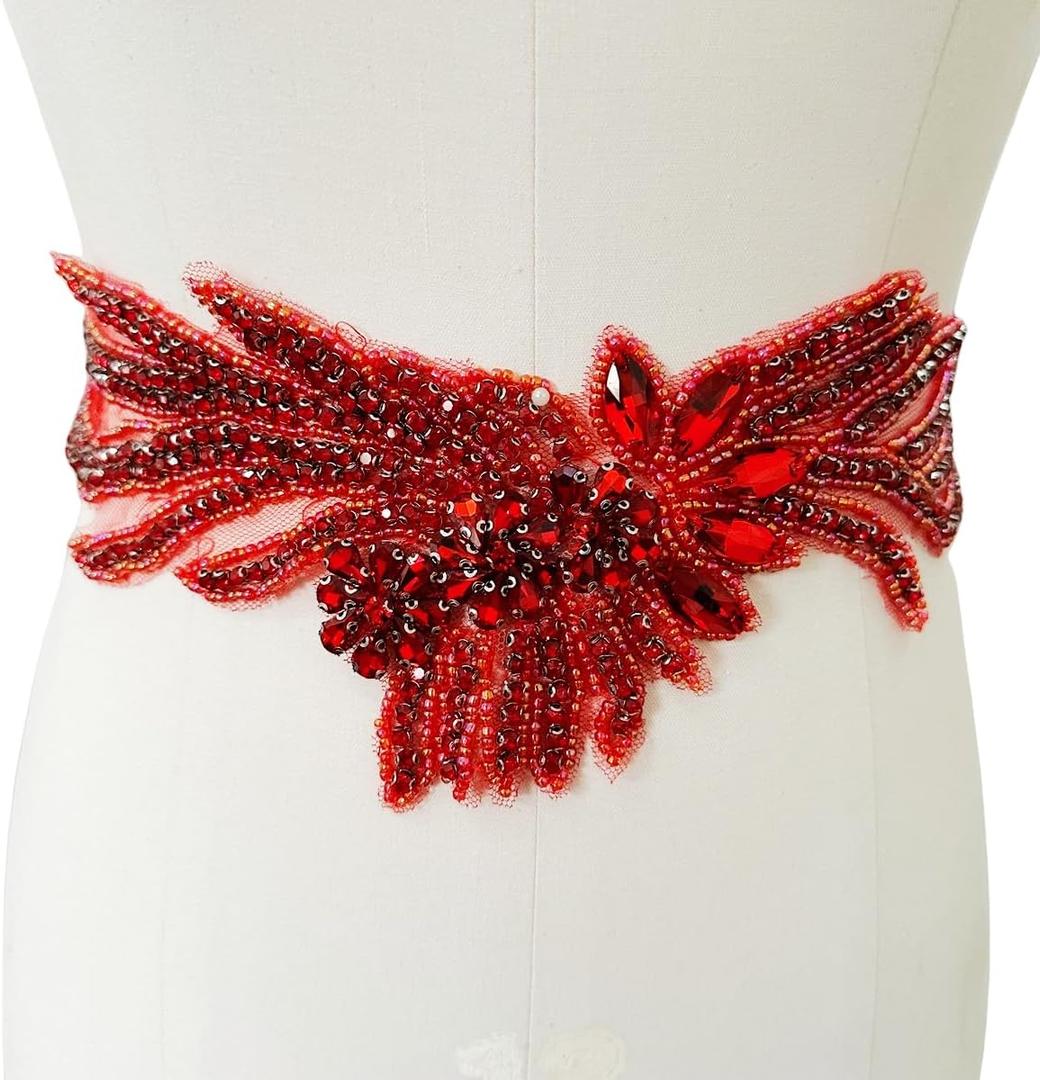Pure Handmade Rhinestones Applique Shining Decoration Trim Patches with Sewing Beads Glass Stones for Dress Clothing blet Accessories 14X3.9inches (Red)