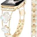 MOINSPIRE Gold Bling Diamond Clover Bands Women Compatible with Apple Watch 40mm 38mm 41mm 42mm(S10) Lucky Cute Sparkle Dressy Bracelet Metal Strap for iWatch Series SE/10/9/8/7/6/5/4/3/2/1