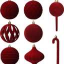 Senjie 63 PCS Velvet Ornaments Balls Sets for Christmas Tree Bulk Red Flocked Christmas Balls Assortment for Xmas Tree Holiday Decor