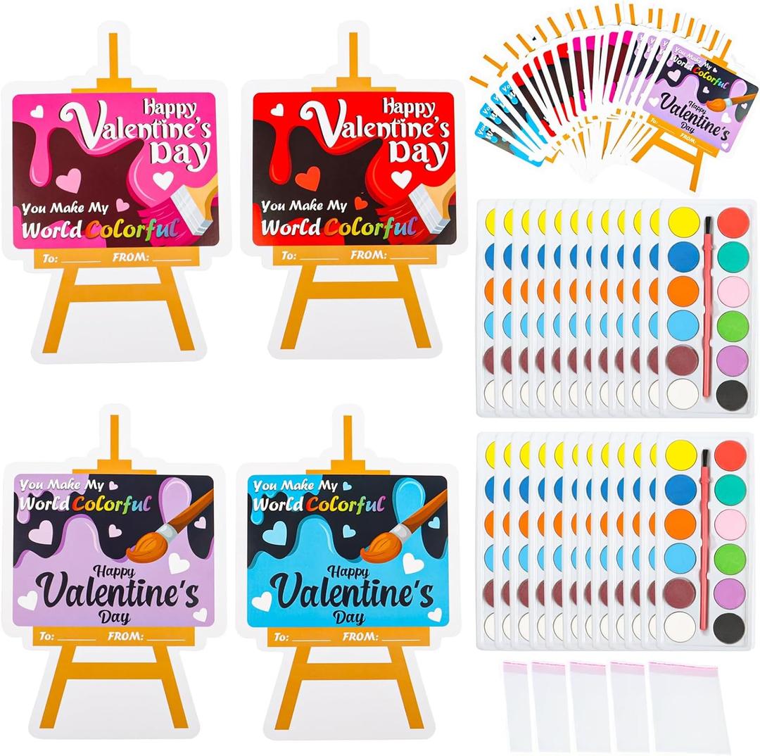 KIMOBER 24 Packs Valentine's Day Gifts Cards with Watercolor Paint,Valentines Day Exchange Gifts with 25 Seal Bags for School Classroom Party Favors Supplies