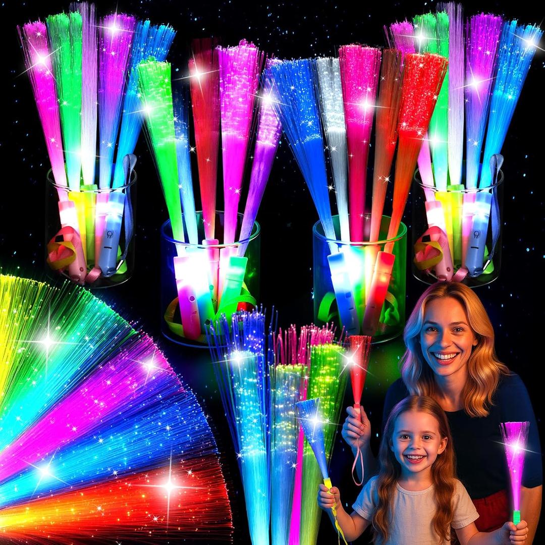 LovesTown 24PCS Glow Sticks Party Supplies, 3 Modes Colorful Flashing Glow in the Dark Toys LED Light Up Sticks Fiber Optic Wand for Kids Party Favors Birthday Wedding