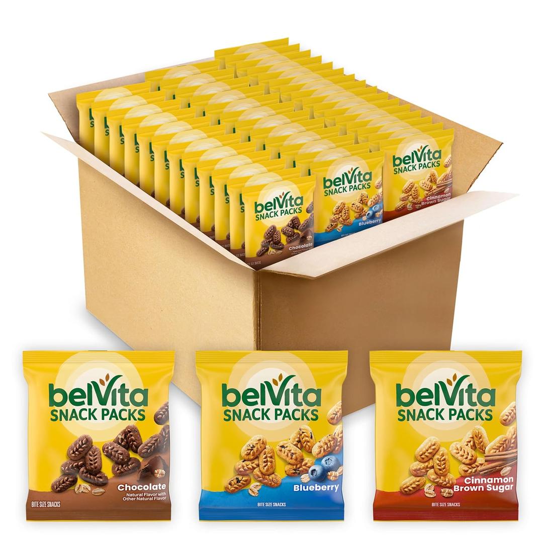 belVita Bite Size Snacks Variety Pack, Blueberry, Chocolate and Cinnamon Brown Sugar Crunchy Bites, 40 Snack Packs (EXP 07/29/26)