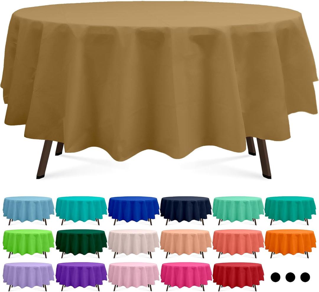 Gold 3 Pack Round Plastic Tablecloth 84 Inches Premium Shinning Harvest Gold Decorative Table Cover for Baby Shower, Birthday, Wedding, Indoor and Outdoor use