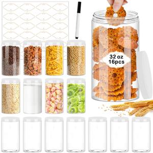 32 OZ Plastic Jars,16 Pcs Clear Plastic Jars with White Lids Round Empty Storage Jar Wide Mouth Refillable Storage Container with Lids for Household and Kitchen Food Organizing