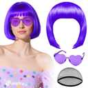 PLULON Dark Purple Bob Wig with Heart Sunglasses Hair Cap, Colorful Short Bob Wigs Synthetic Party Wigs Funny Cosplay Hairpieces for Women Men Neon Bachelorette Halloween Costume Party Decorations