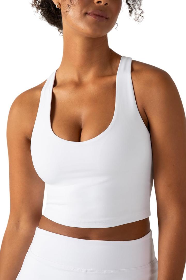 YITTY Active Bra Tank Tops for Women, Longline Sports Bra Tank, Removable Cups, Low Impact Support for Yoga Workout, Gym (Medium, True White)
