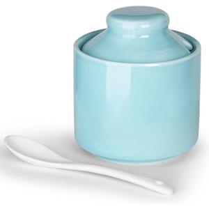 HAOTOP 8 oz Sugar Bowl with Lid and Spoon,Ceramic Sugar Jar Sugar Dispenser Sugar Container Coffee Bar Accessories, Kitchen Countertop Canisters (Turquoise)