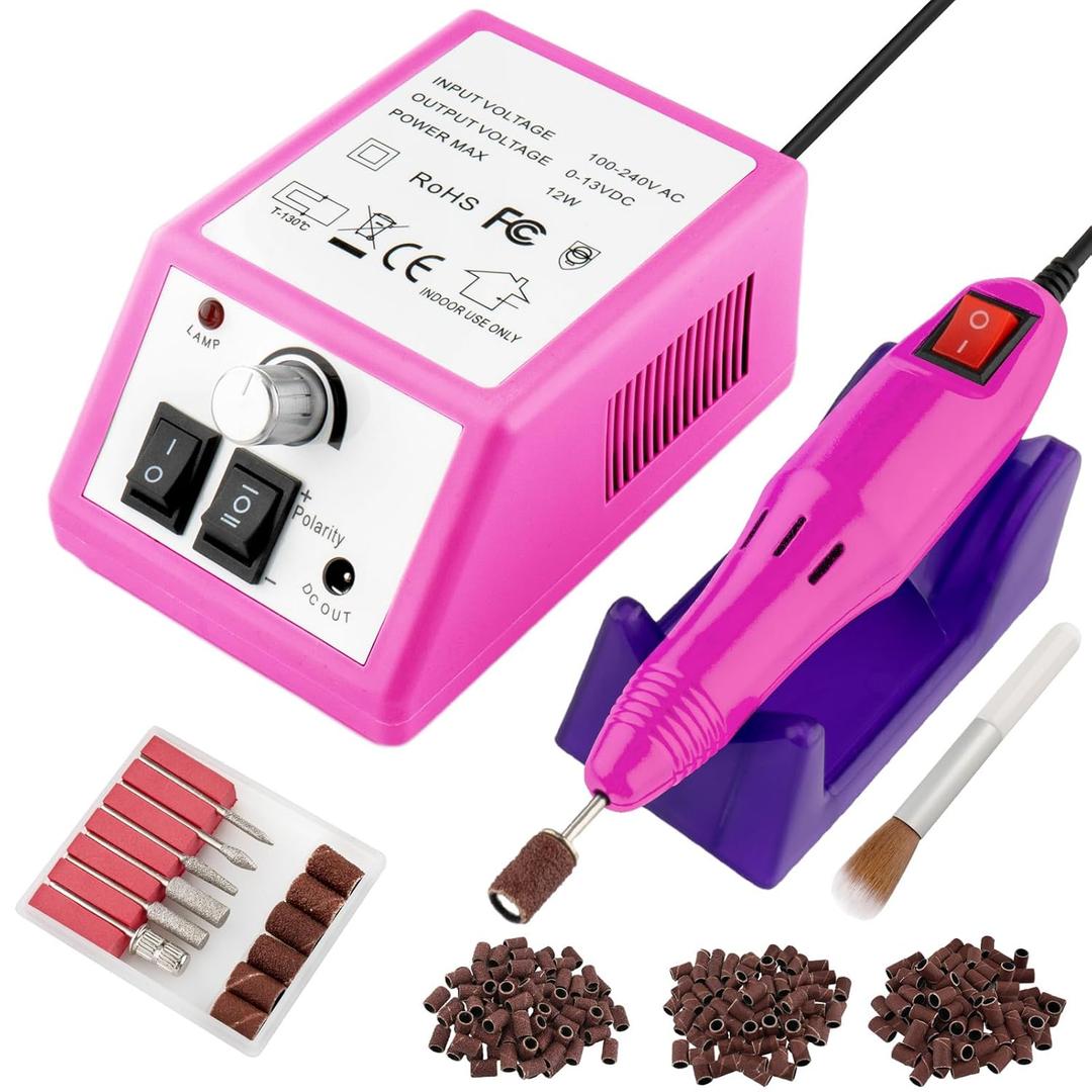 Professional Electric Nail Drill Machine Nails File Kit Manicure Pedicure Set for Acrylic Nail Gel Dip Powder Art Shape Remover Tool Polisher Grinder Low Noise with 156pcs Sanding Bands (Pink)