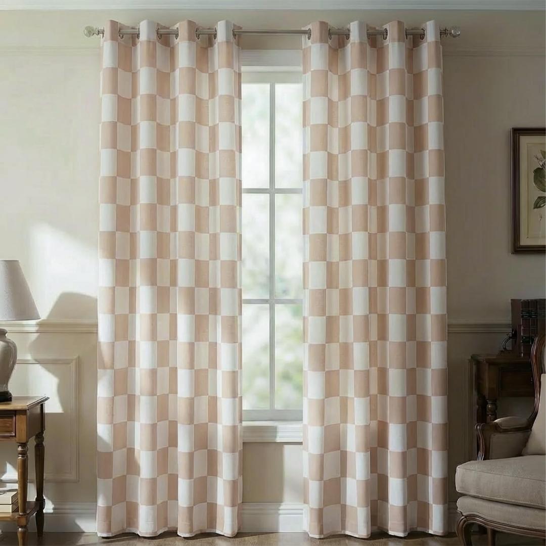 Beige Checkered Window Curtains, Thermal Insulated Grommet 100% Blackout Curtains 84 Inch Length 2 Panels Set, Sliding Darkening Curtains for Bedroom, Living Room Long Drapes