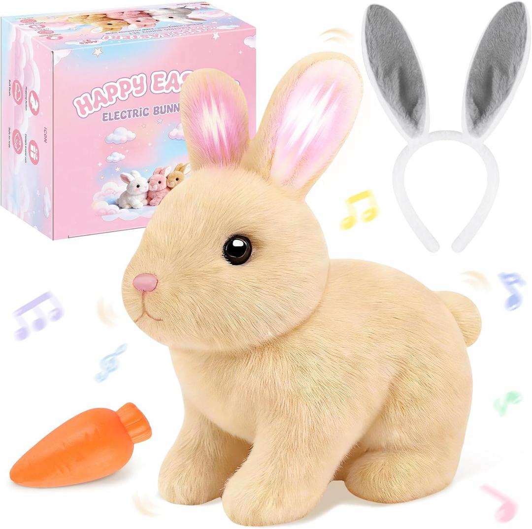 Realistic Bunny for Kids - Interactive Hopping Bunny Toy Set with Headband, Electric Lifelike Robot Rabbit that Move, Walking Barking and Wagging Tail Bunby Stuffed Animal with Sounds,Brown