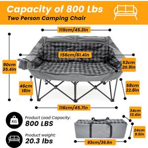 Heated Double Camping Chair, Camping Couch with 3 Heat Levels and 4 Heating Zones, Oversized Camp Loveseat Support 800lbs for Soccer Games, Tailgating, RV Travel, Beach Days（Not Battery）