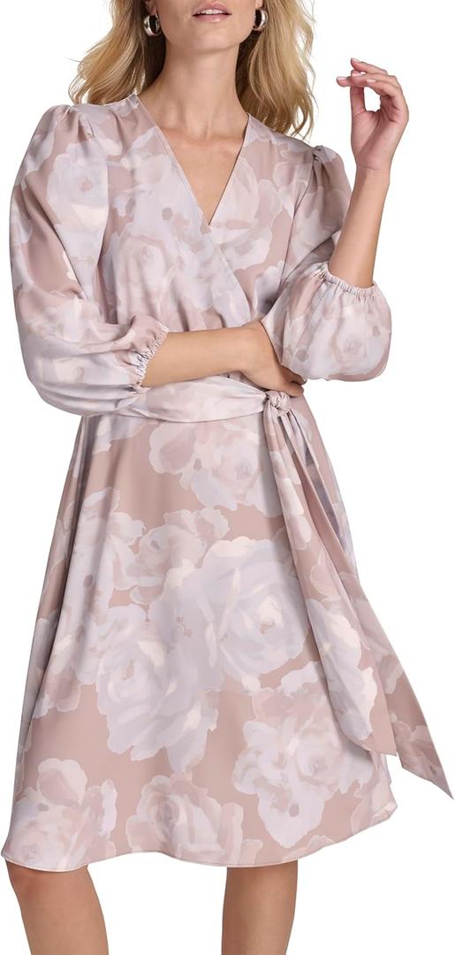 Calvin Klein Womens 3/4 Balloon Sleeve V-Neck Knee Length Faux Wrap Dress (8, Oyster Multi)