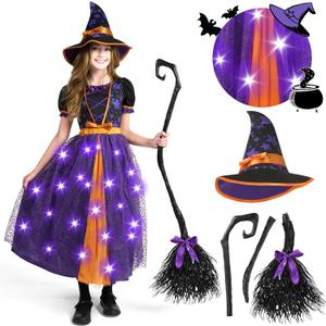 Spooktacular Creations Light Up Witch Costume for Toddler Girls, Fairy Tale Witch Outfit for Kids Halloween Dress Up Parties (Small (5-7 yrs), Purple)