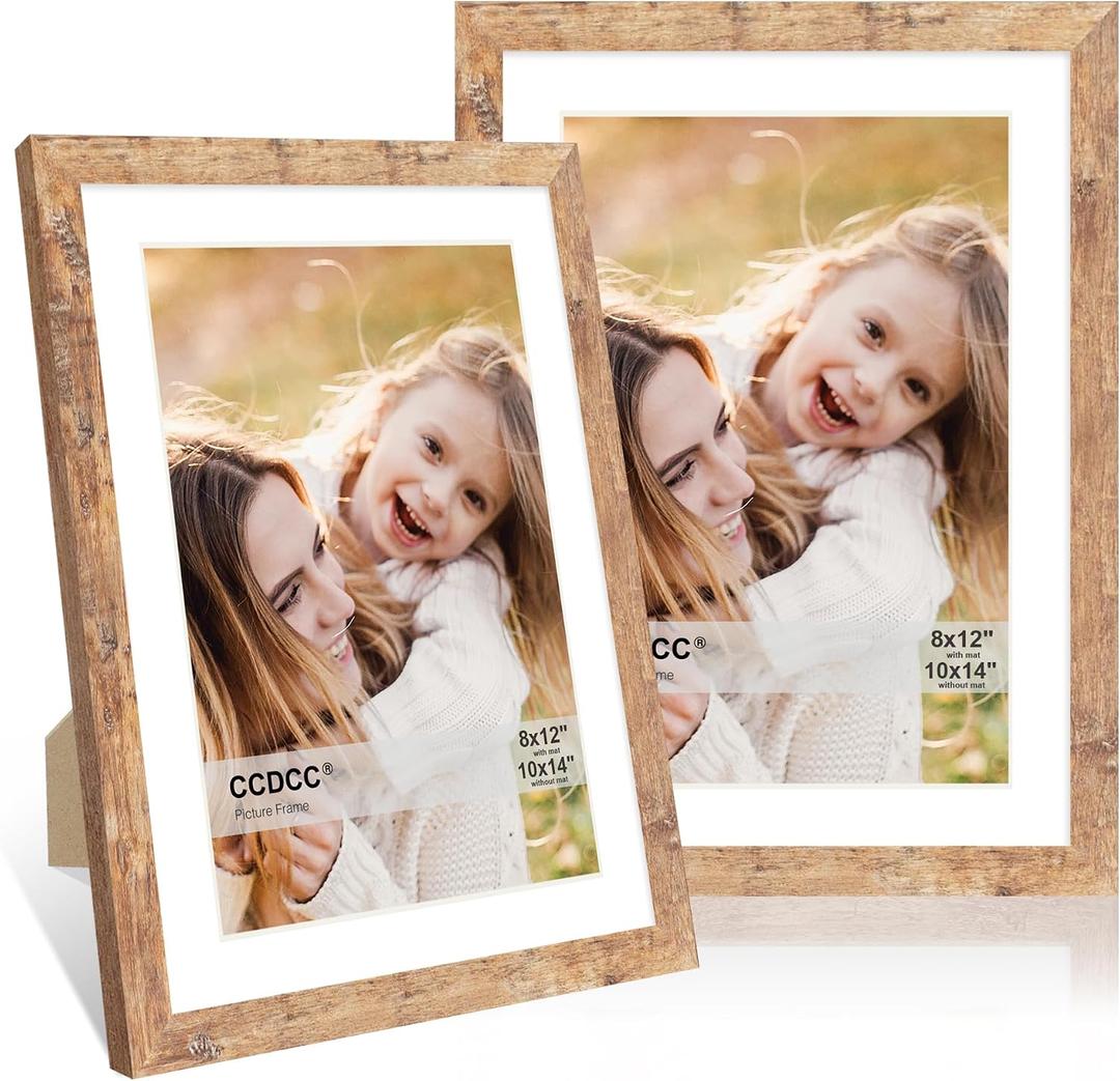 10x14 Picture Frame Set of 2, 10 x 14 Wood Photo Frames with Mat for 8x12, Natural Wooden Frame with Real Glass Cover for Wall and Tabletop Display,Brown
