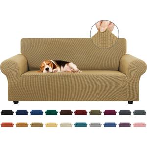 KEKUOU Stretch Loveseat Sofa Cover Slipcover, Couch Covers for 2 Cushion Couch Sofa (55"-78") Furniture Protector Sofa with Elastic Bottom for Kids, Dog. Jacquard Small Checked (Medium, Tan)