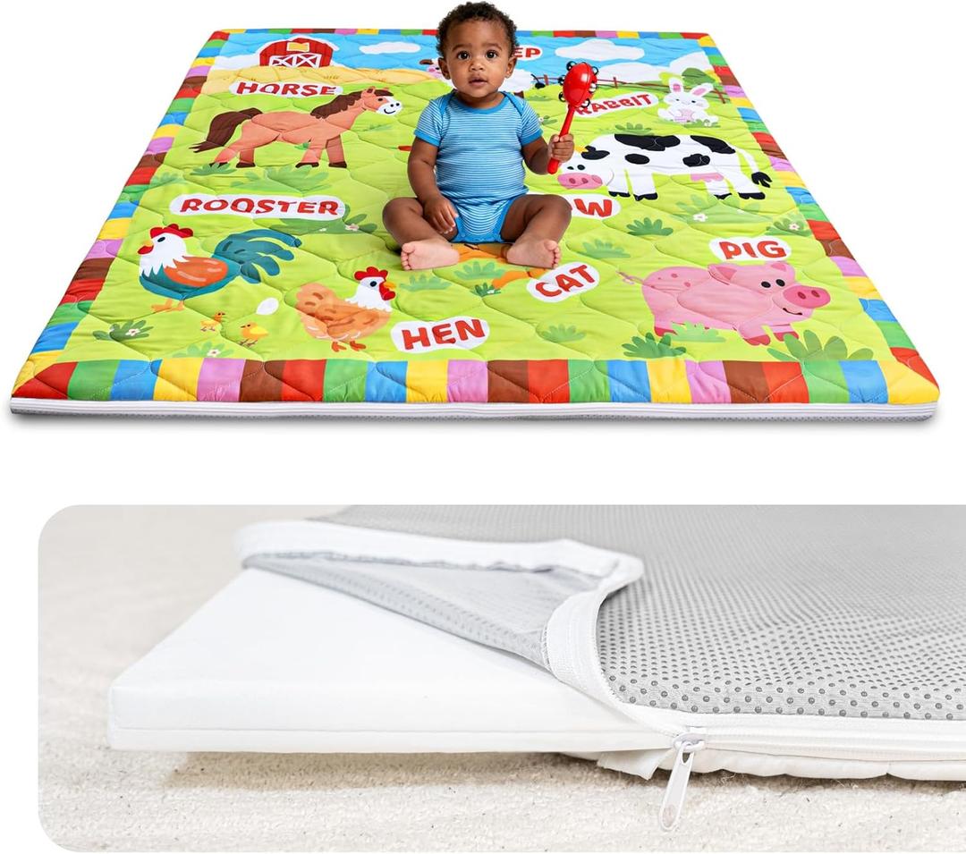 Foam Baby Play Mat 50x50, Removable and Machine Washable Cover, Thicken Cushioning Playmat and Perfect for Playpen, Non-Slip Bottom, Easy to Clean for Infants, Toddlers & Babies(Farm)