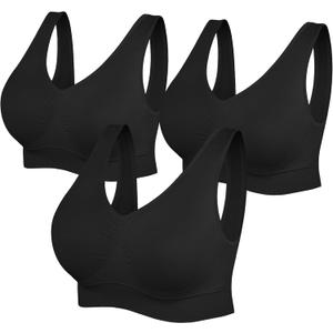 Womens Sports Bras, Yoga Comfort Seamless Stretchy Sports Bra for Women 3 Pack (Medium, Black)