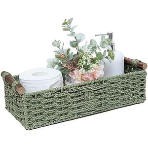 Round Paper Rope Storage Basket Wicker Baskets for Organizing with Handle Decorative Storage Bins for Countertop Toilet Paper Basket for Toilet Tank Top Small Baskets , Green