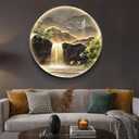 Large LED Mountain Waterfall Wall Art for Living Room, Framed Round Modern Lighted Landscape Picture Artwork for Walls, Backlit Nature Wall Decor for Hallway, Dining Room, Entryway, Office, 30x30 Inch, 29.5"L x 29.5"W