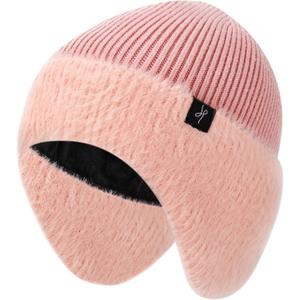 Winter Fleece-Lined Beanie with Earflaps, Warm Windproof Unisex Beanie Hat for Skiing, Hiking & Outdoor Winter Sports (Pink)