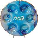Rite Lite Blue Marble Design Glass Seder Plate for Passover Elegant Round Design with Gold Accents, Hebrew & English Food Labels, Handcrafted 12" Glass Seder Plate, Perfect Pesach Gift